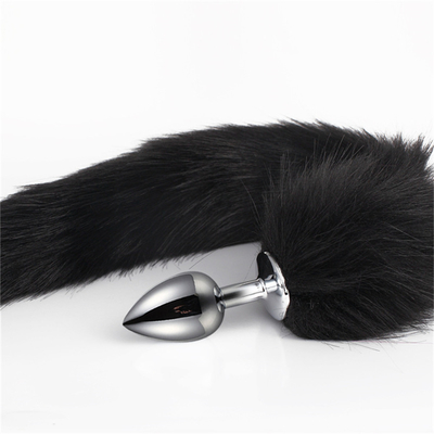 Caída de cola de zorro negro Metal Plug Anal Plug Liso Peluda cola de zorro juguete sexual para mujeres