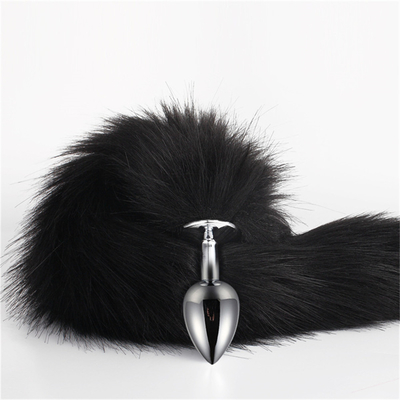 Caída de cola de zorro negro Metal Plug Anal Plug Liso Peluda cola de zorro juguete sexual para mujeres