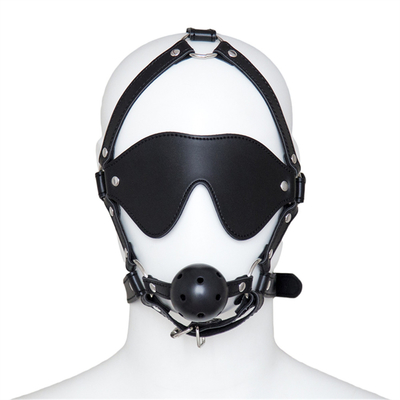 Cuero Gagana Blindfold Bondage Boca caliente hueca bolas negras Cuero PU Blindfold