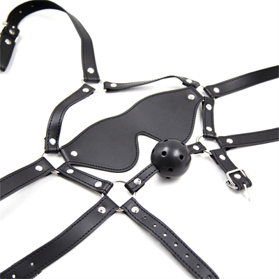 Pelo de cuero Vestido para los ojos Capota Máscara para los ojos Arnés boca abierta BDSM esclavitud